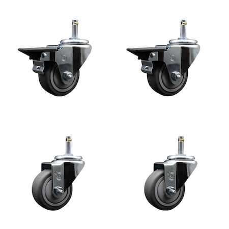 Service Caster 3'' Thermo Rubber Wheel Swivel 7/16'' Grip Ring Stem Caster Set 2 Brake, 4PK SCC-GR20S314-TPRB-PLB-716138-2-S-2